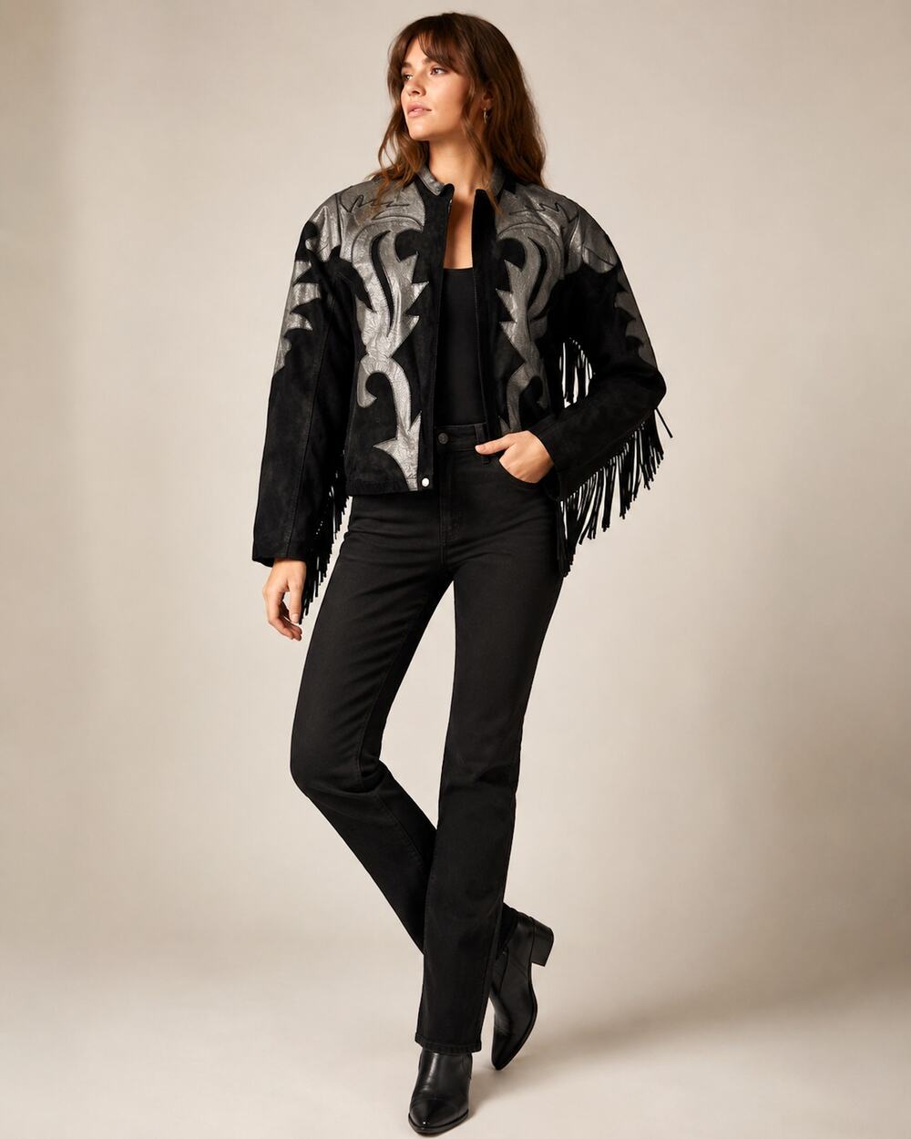 Vintage 80s Black Suede Fringe Jacket Leather Appliqué Western Biker Coat S/M